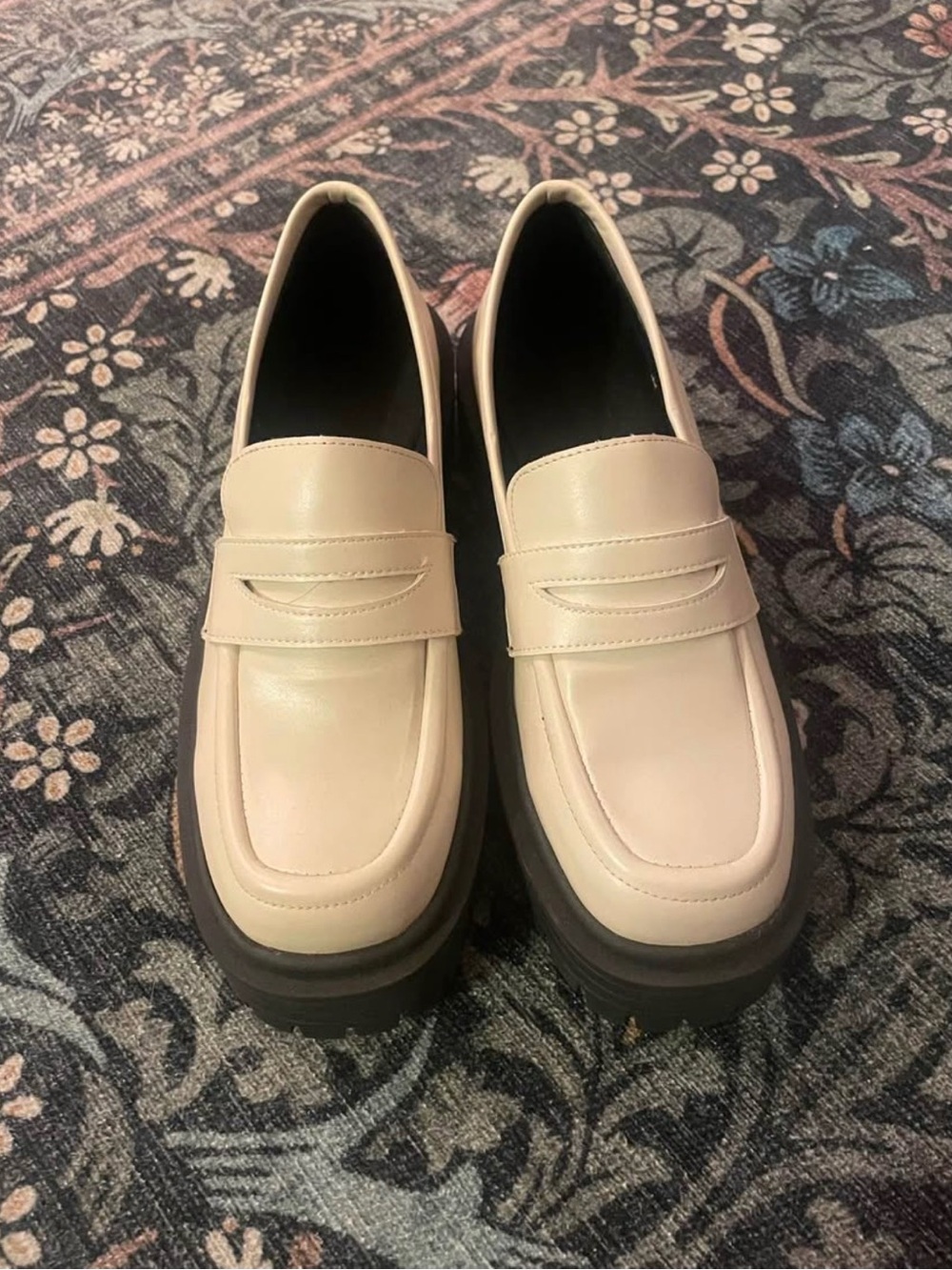 ALOHAS Cream Penny Loafers with Chunky Black Lug Sole